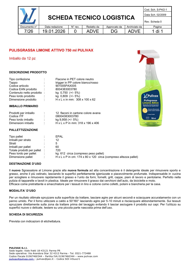 Pulisgrassa Limone Attivo 750 ml – cartone 6/12 pz