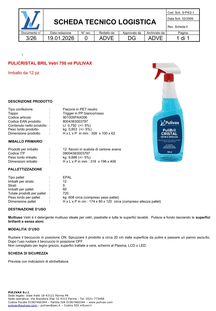 Puli Cristal Bril 750 ml – cartone 6/12 pz