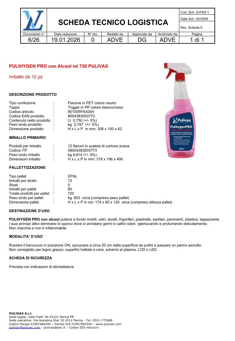 PulihygenPro Alcool Attivo 750 ml - cartone6/12 pz